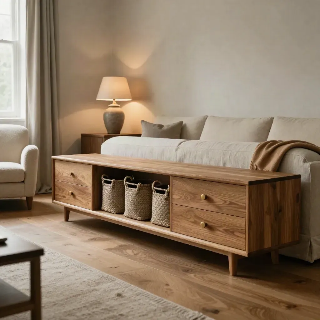 Warm Dulwich living room with low storage, ivory seating, and soft afternoon light.