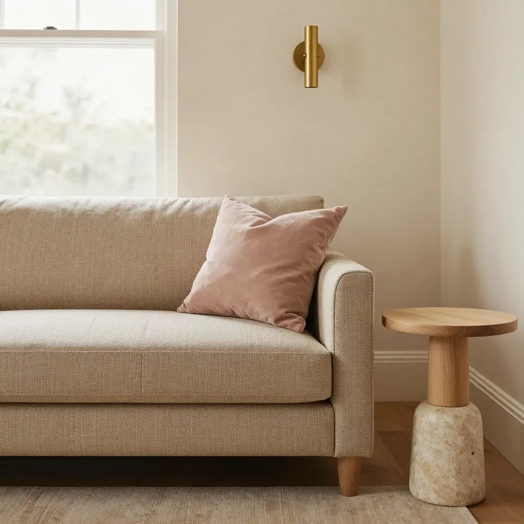 Freshly painted Leeds flat with a durable oatmeal sofa and simple brass wall light in warm daylight.