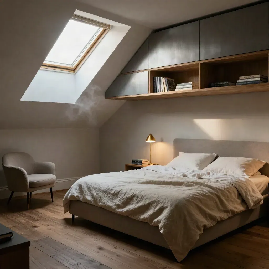 Moody loft bedroom with fitted storage, linen bedding, and skylight light.