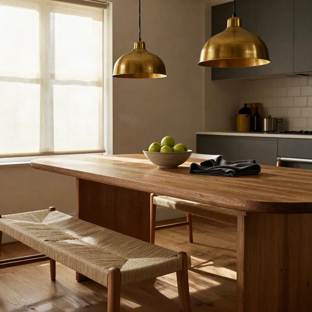 Warm Reigate kitchen diner with oak table, bench seating, lamps and soft blinds
