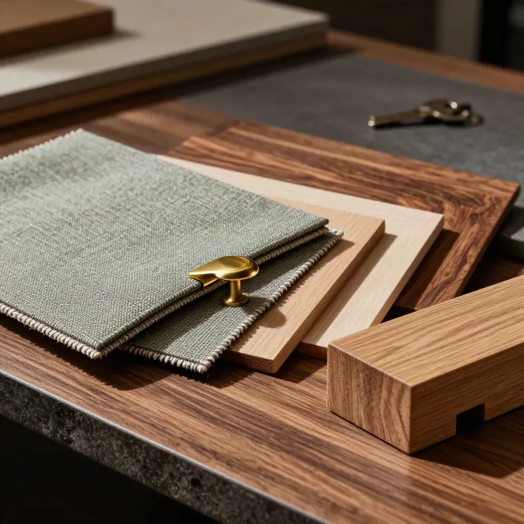Macro still life of oak stool, timber chips, weave swatches and brass hardware on a walnut workbench.