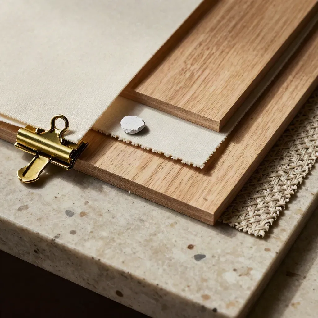 Macro still life of brass swatches, fabric, paint chips and oak veneer on travertine.