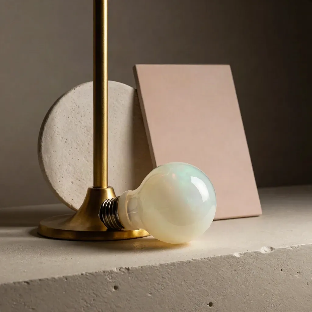 Opal bulb, brass stem, plaster disc and paint sample lit in a moody close-up.