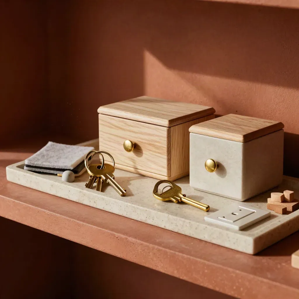 Brass keys, hardware and storage boxes on stone tray in an interior design workspace.