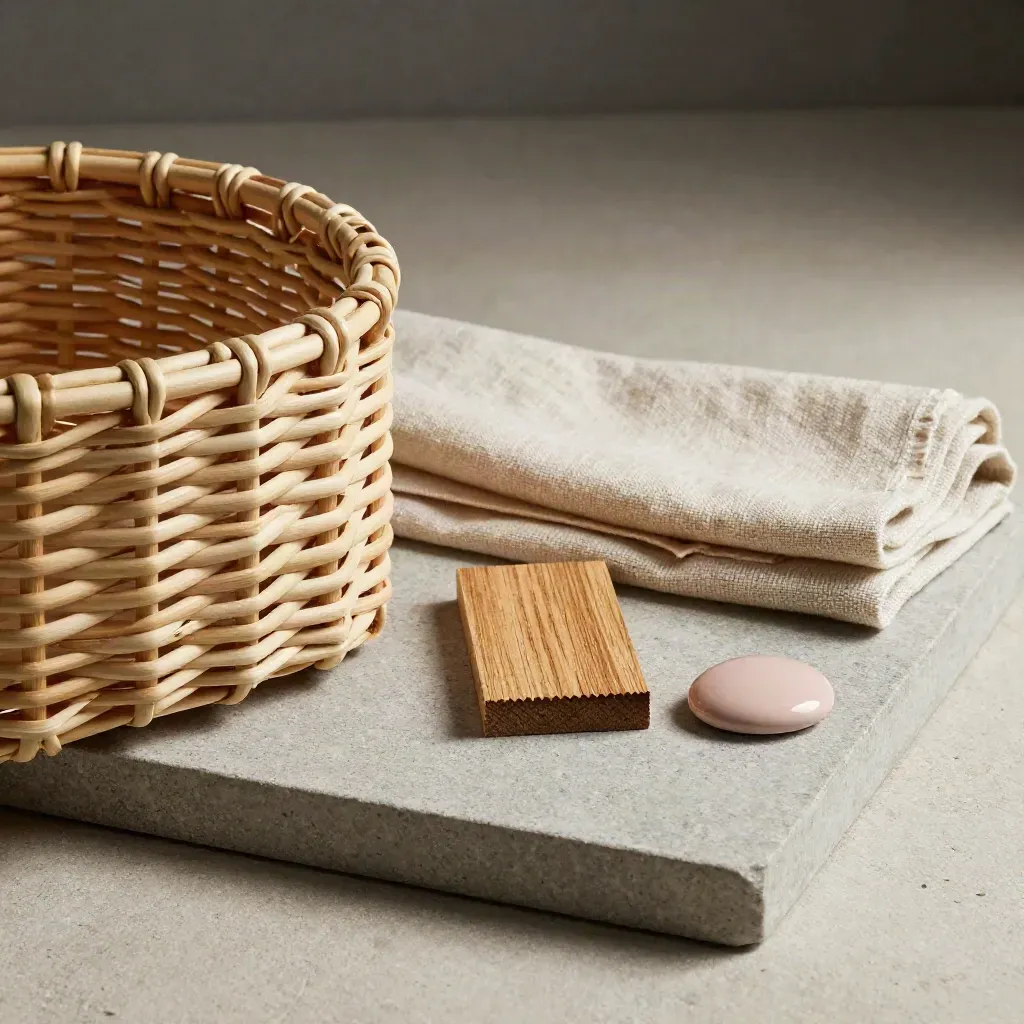 Woven basket corner, oak chip, linen swatch and blush ceramic token on a stone tray.
