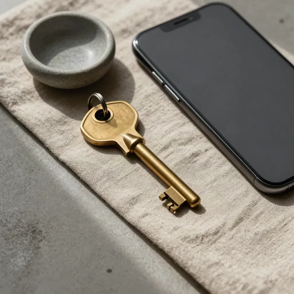 Overhead flatlay of a brass key, phone, and stone bowl on linen with soft side light.