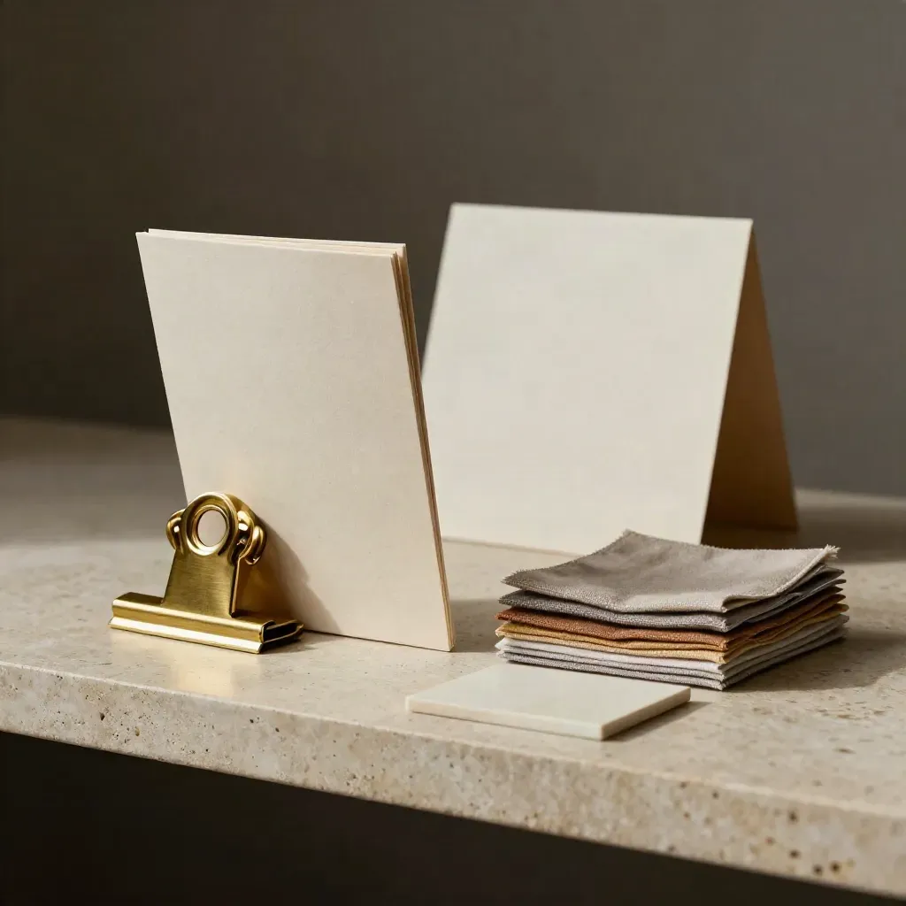 Sample booklet, brass clip, fabric swatches and tile piece on a limestone shelf