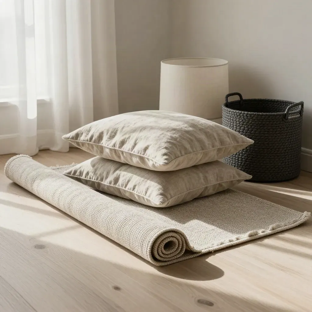 Rolled rug, stacked cushions, lamp shade box and storage basket on pale wood