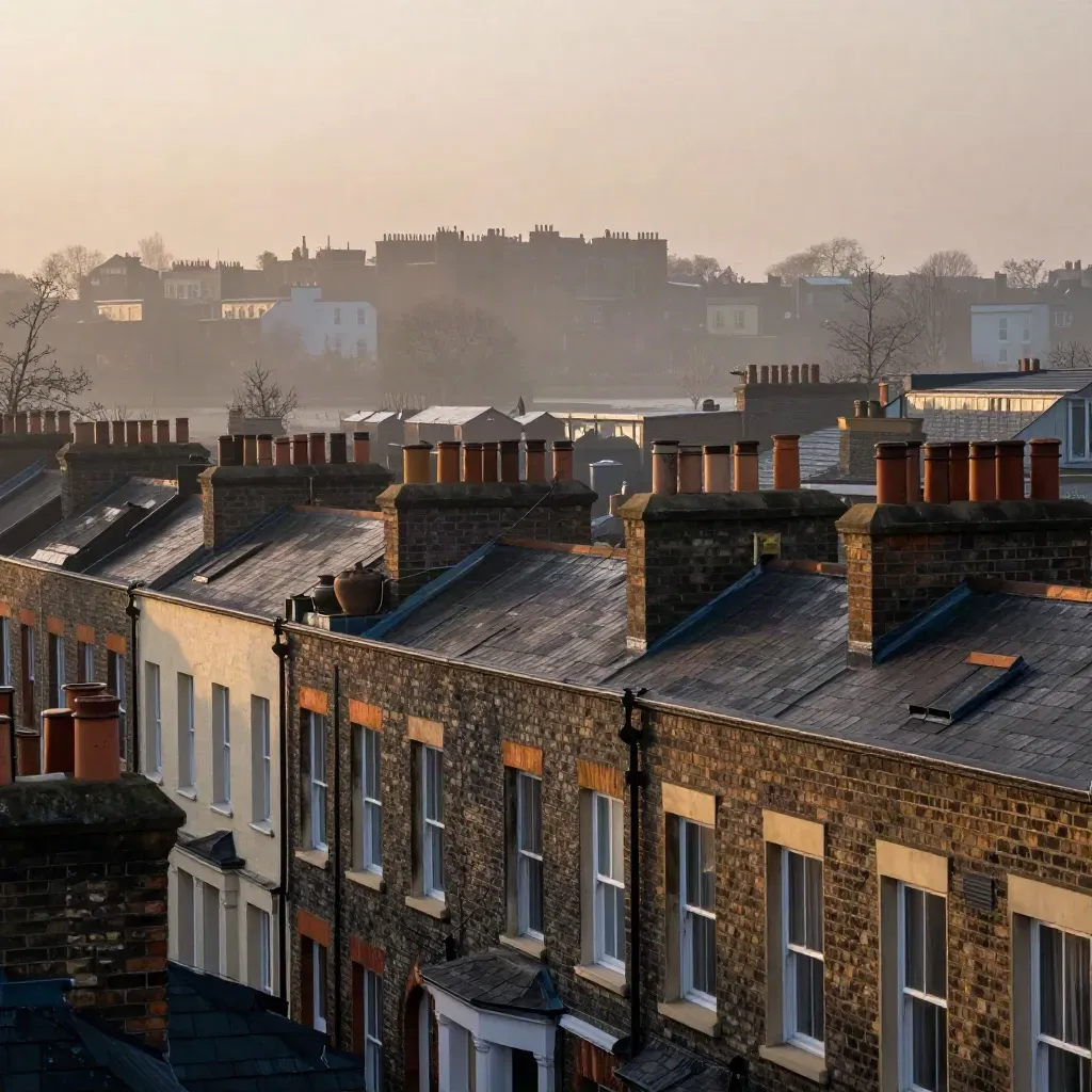 Hazy London mews rooftops and chimney pots at blue hour above calm misty space.
