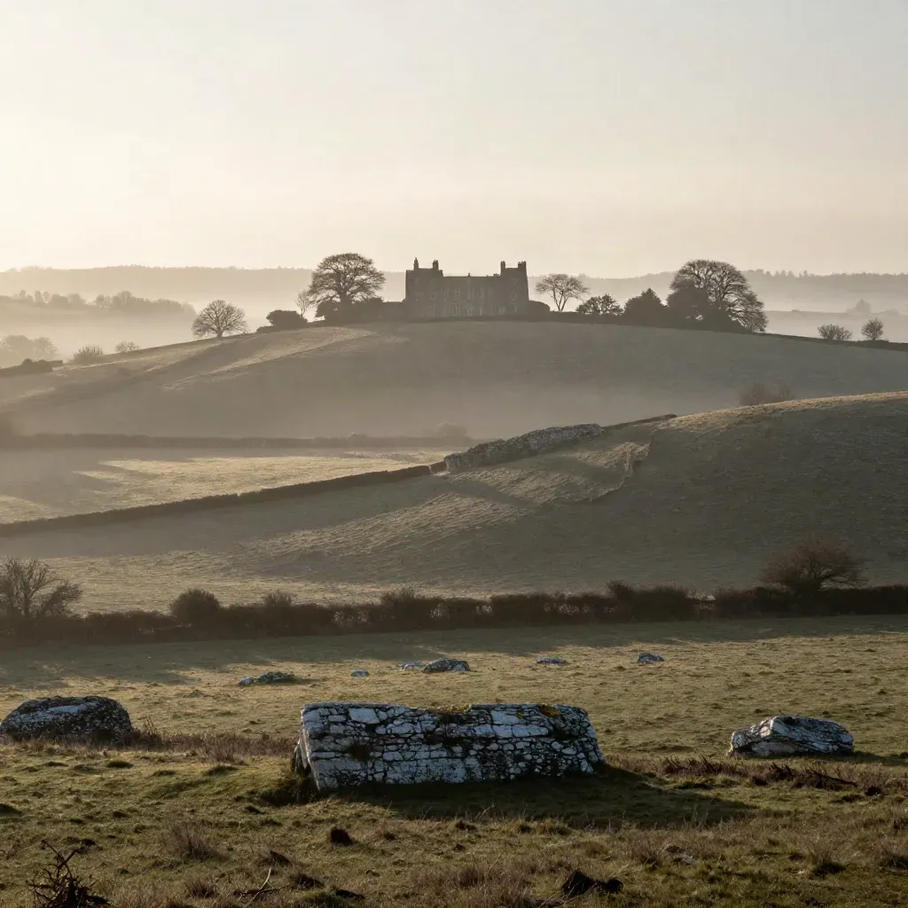 Morning mist over a Surrey chalk ridge with a manor and trees high in frame
