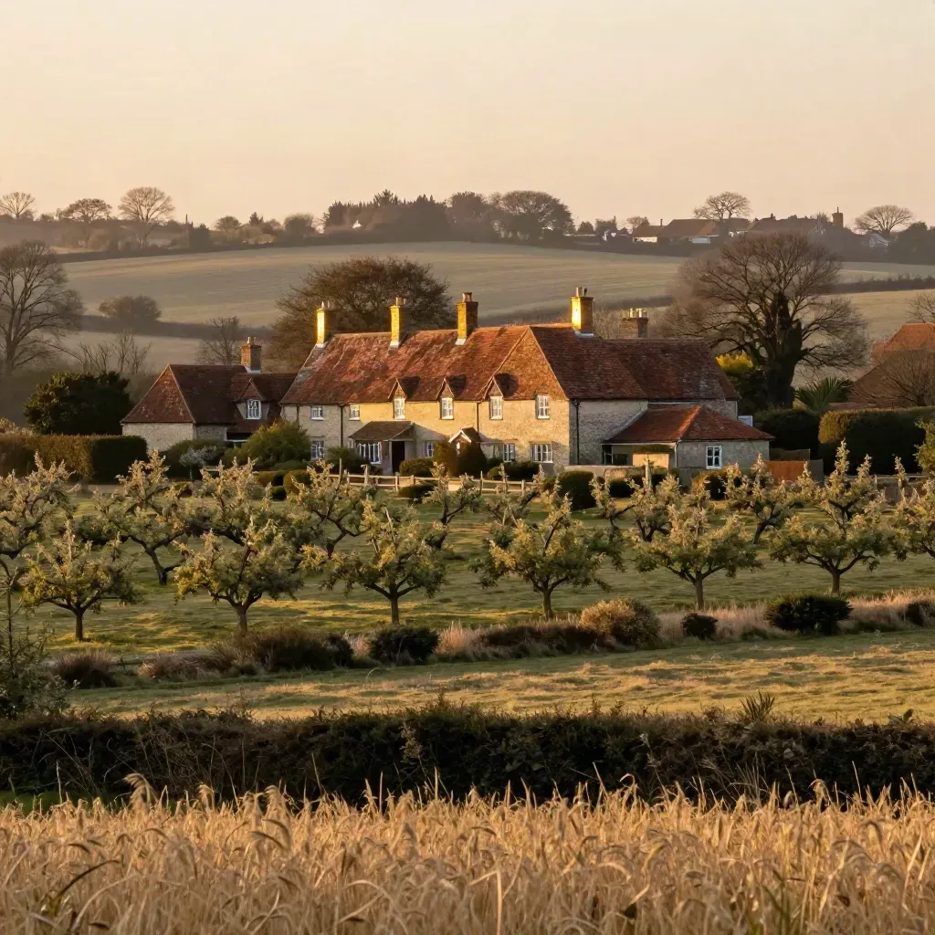 Oast houses over Kent orchards in warm golden-hour haze