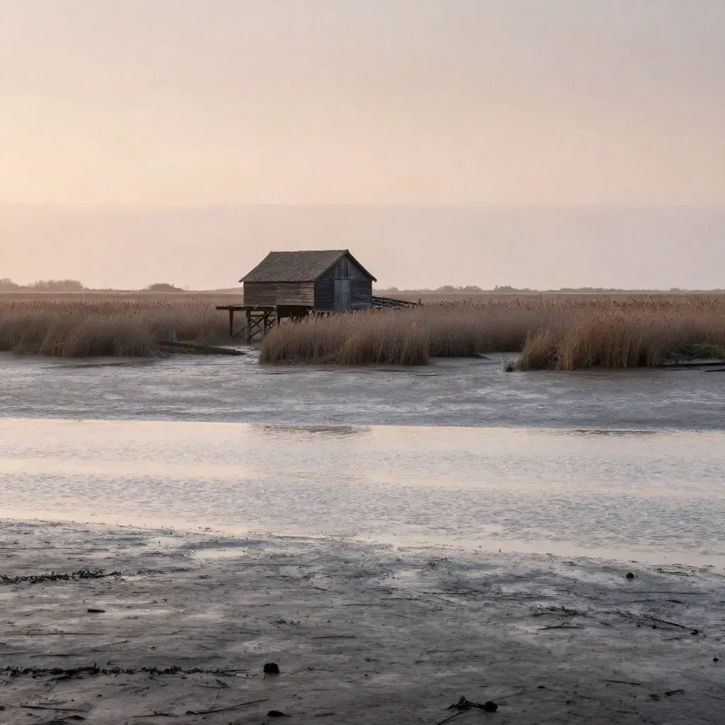 Essex marsh with a timber barn silhouette, reeds, and a hazy glowing horizon.