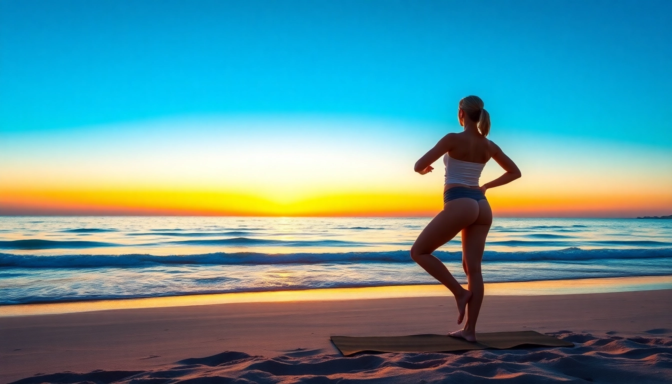 A serene beach scene depicting yoga practice, reflecting on Weight Loss and mindfulness.