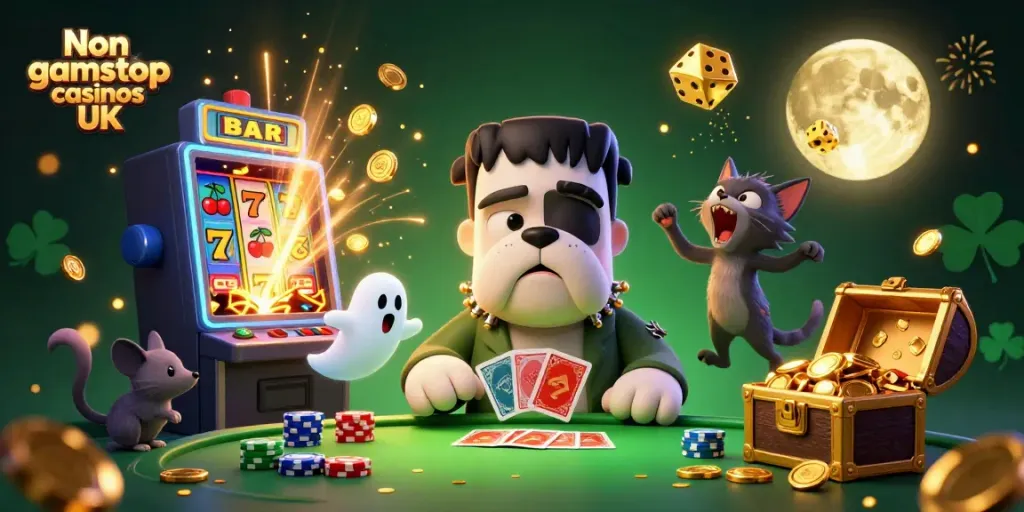 Engaging scene of a Frankenstein bulldog dealing cards at a Non gamstop casinos UK table, with a glowing jackpot slot machine.