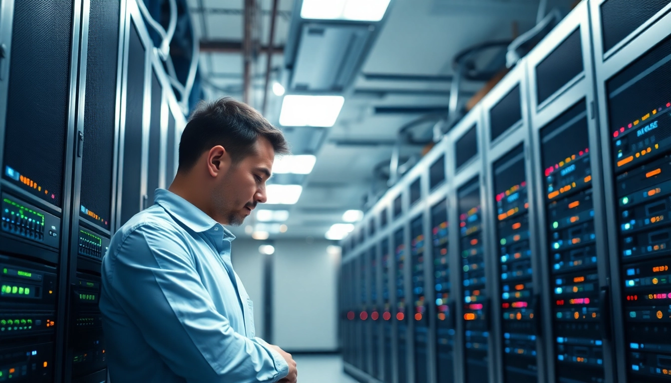 Explore cheap colocation services in a vibrant data center with technicians managing server racks.