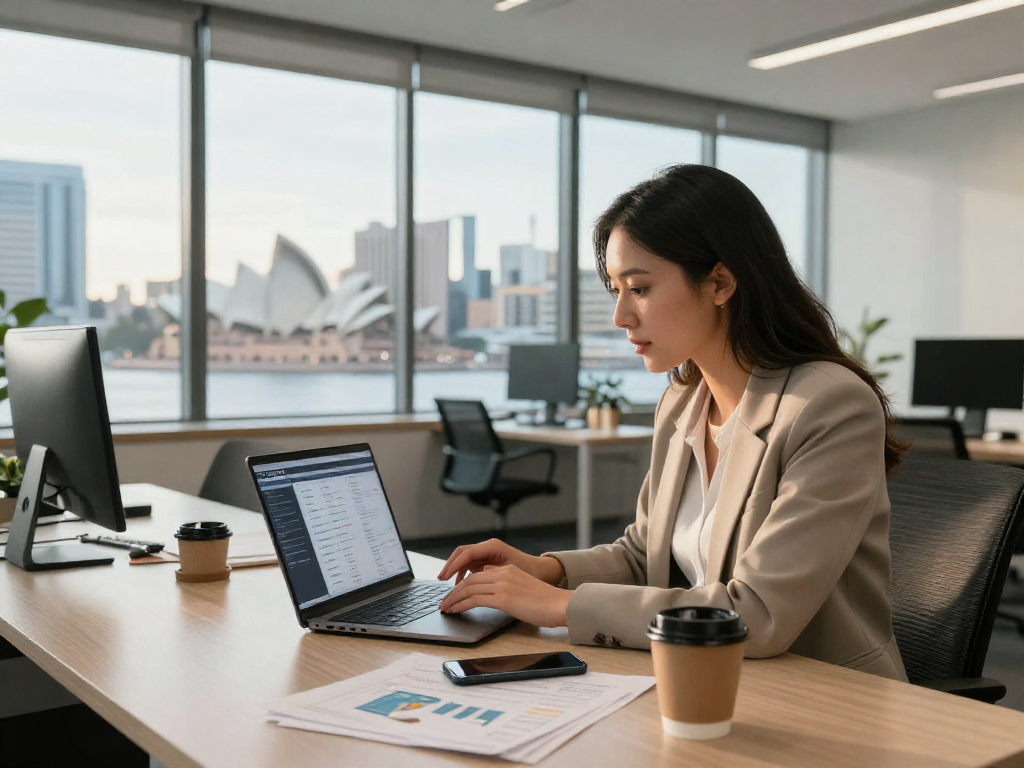 Property management fees Sydney overview with an agent reviewing listings in a bright office.