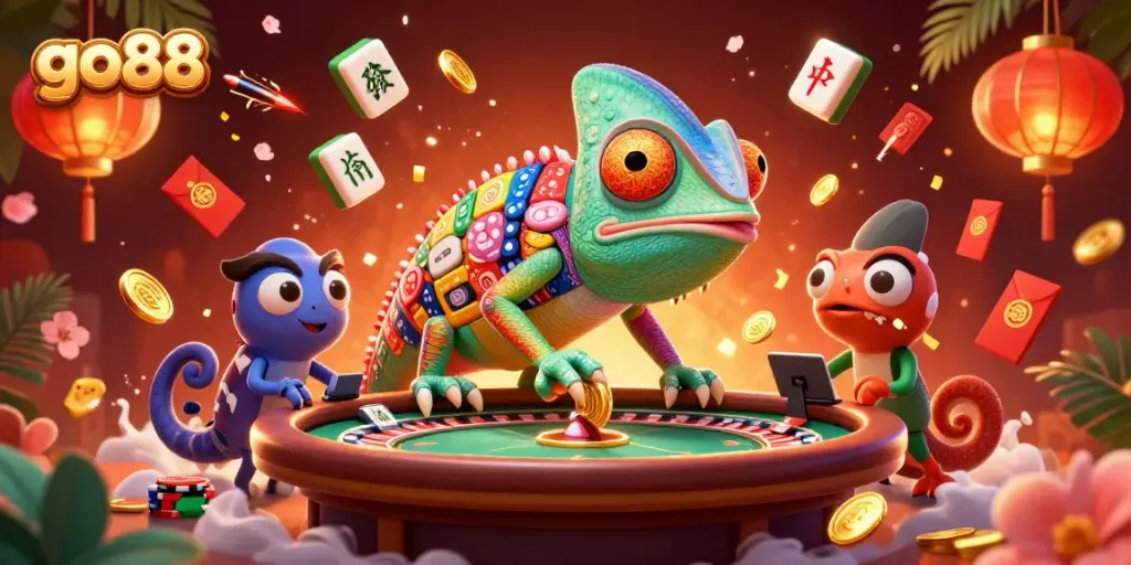 Experience the excitement of go88 casino with a vibrant illustration of the chameleon casino owner and game elements.