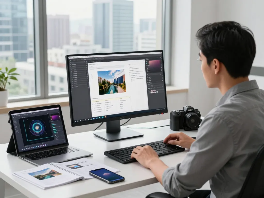 Professional using an image to prompt generator tool in a modern tech workspace, showcasing AI analysis and creativity.
