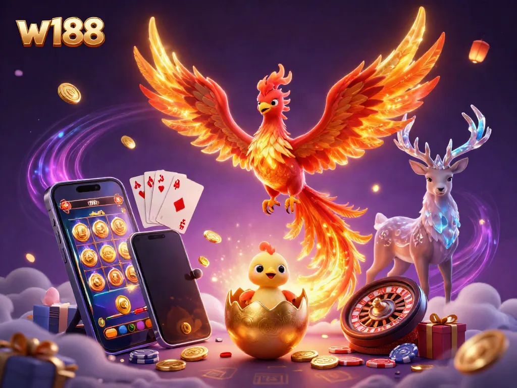 Engage with thrilling w188 games through a vibrant 3D casino illustration filled with dynamic elements.