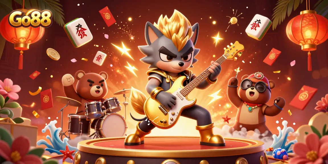 Experience the thrill of Go88 with a dynamic casino scene featuring vibrant characters and gaming elements.