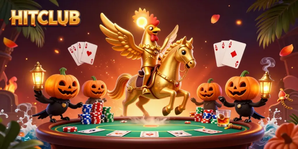 Experience the thrill of HITCLUB with a vibrant casino scene featuring a golden rooster champion.