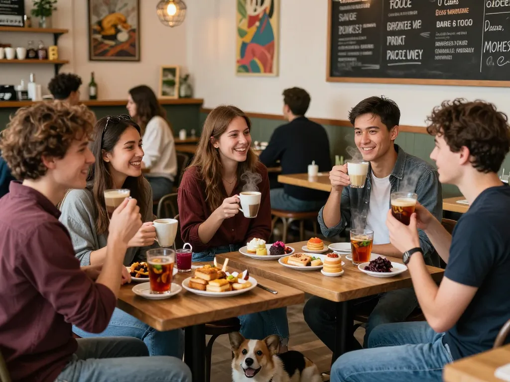 Vibrant café scene with friends enjoying spicy chat over coffee, showcasing warmth and connection.