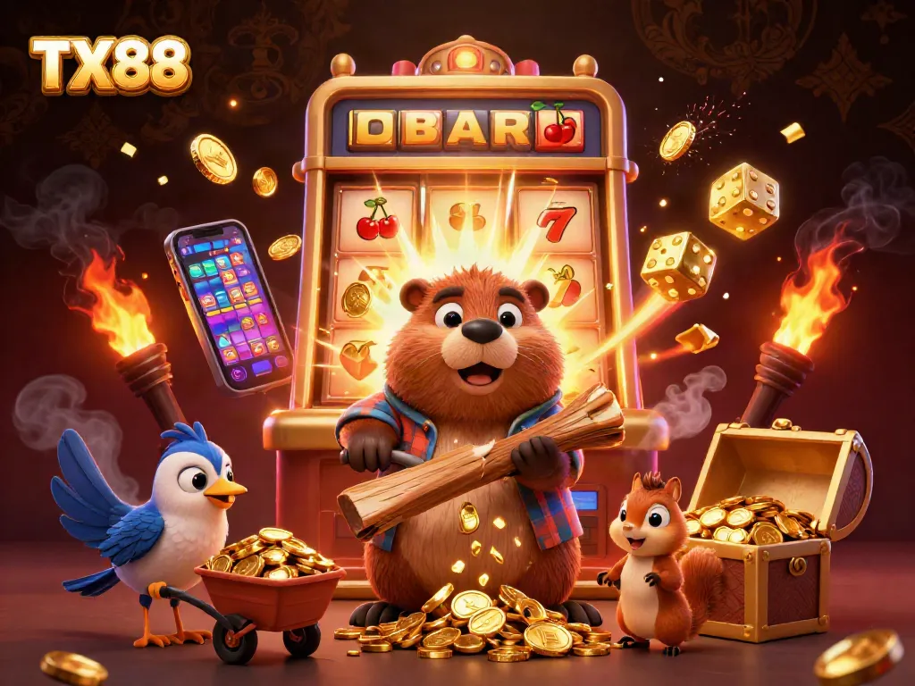 TX88 showcases a lively illustration of a lumberjack beaver amid a casino treasure scene, highlighting rich gameplay.