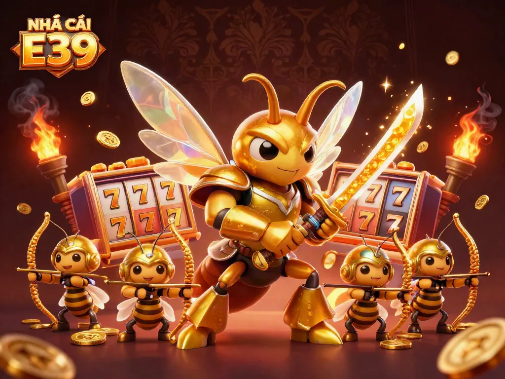 Experience the thrill at NHÀ CÁI E39 with exciting slot reels and vibrant golden elements in a captivating atmosphere.