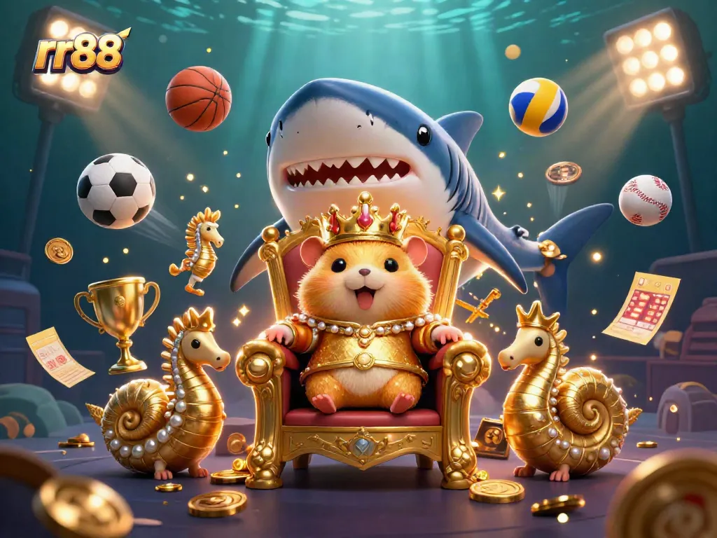 rr88 sports betting illustration featuring a king hamster with seahorse guards, dynamic game elements, and a vibrant underwater scene.