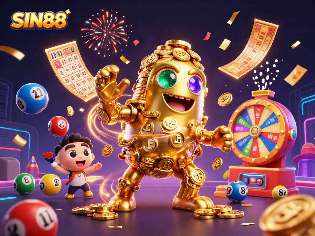 SIN88 brings thrilling casino action alive with a golden golem amidst colorful dynamic gaming elements.