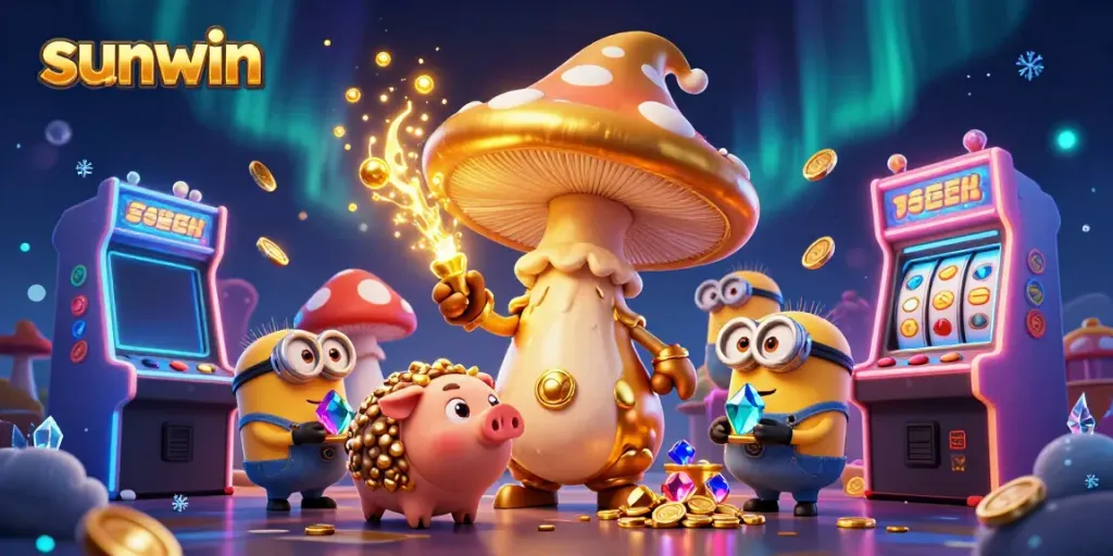 Experience the magic of sunwin with vibrant golden characters and thrilling casino elements.