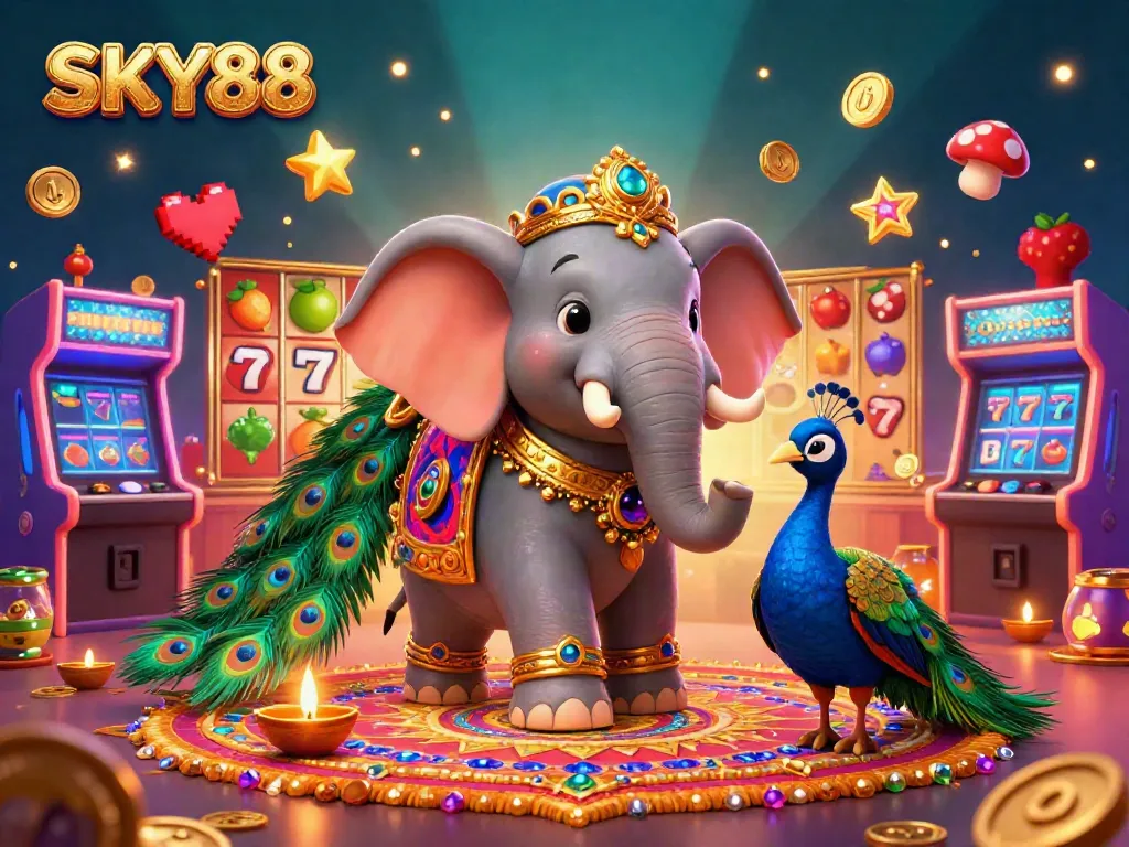 Experience the vibrant casino scene with SKY88’s 3D elephant, peacock, and jackpot elements.