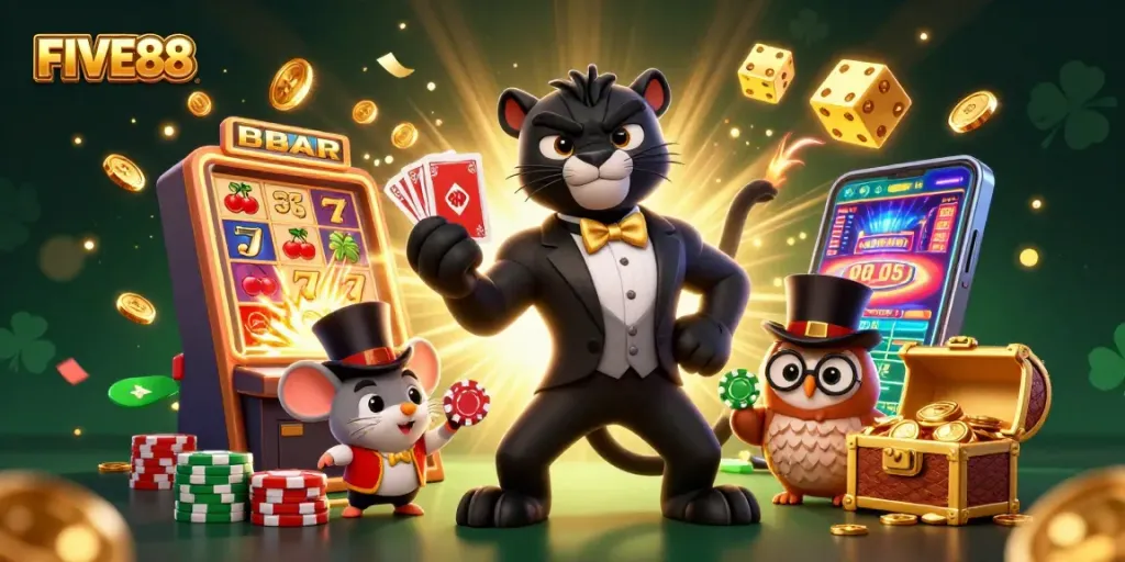 Experience the excitement at FIVE88 with a vibrant 3D casino scene showcasing lucky characters and a jackpot explosion.