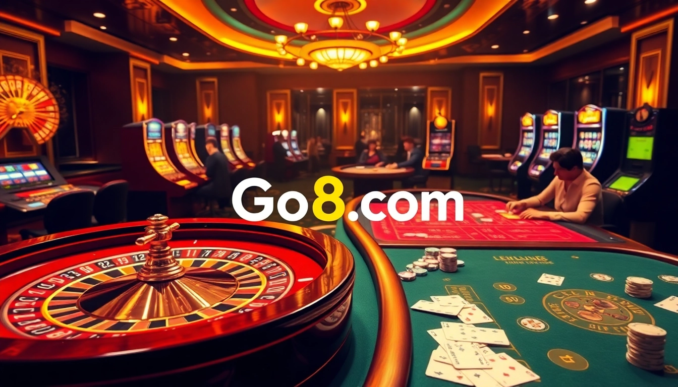 A lively casino scene showcasing Go8.com with players enjoying roulette and poker amidst an elegant backdrop.