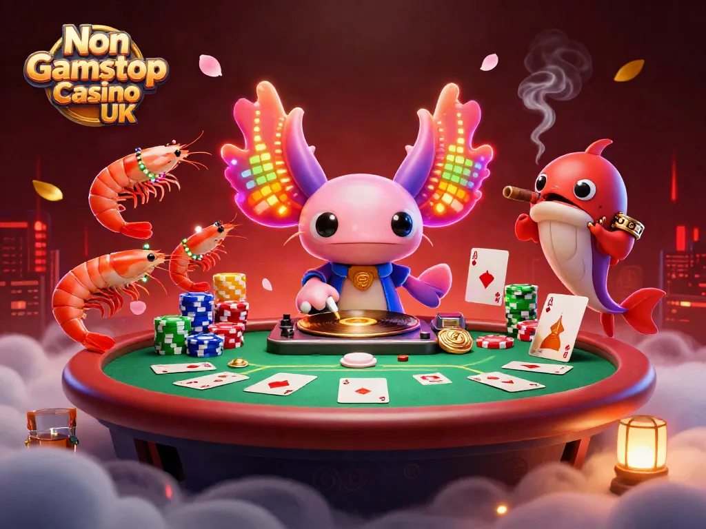Experience the excitement of Non Gamstop Casino UK with a vibrant 3D illustration featuring a neon-colored axolotl DJ.