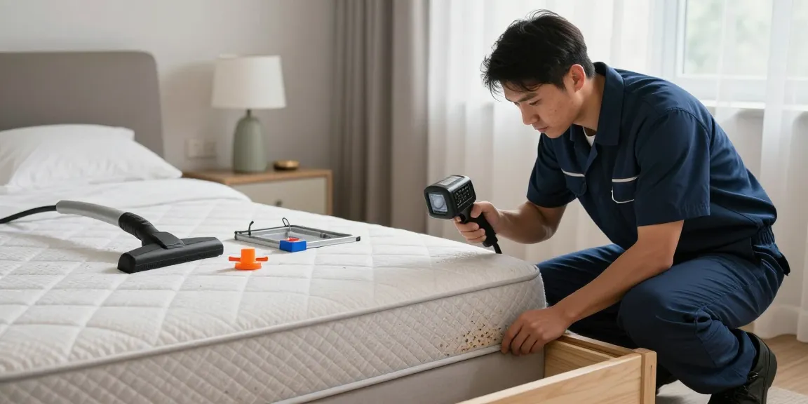 Technician inspecting for bed bugs with thermal camera during bed bug pest control treatment