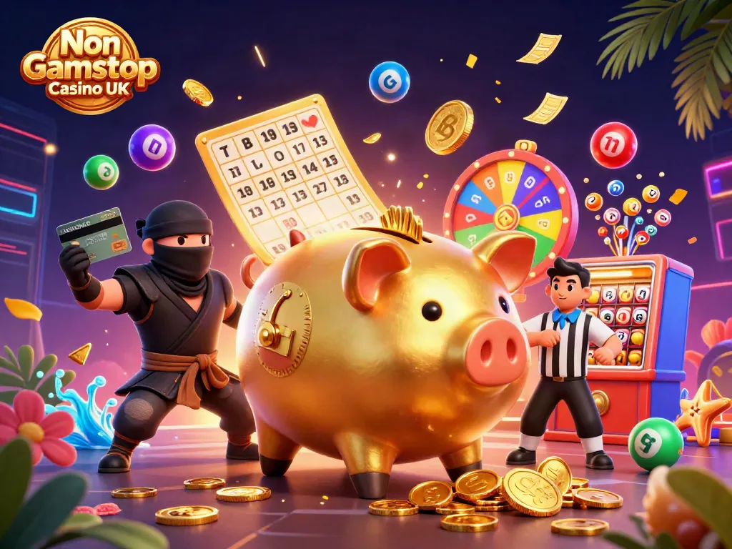 Experience thrilling gameplay at a Non Gamstop Casino UK with vibrant, dynamic casino elements in a cartoon setting.