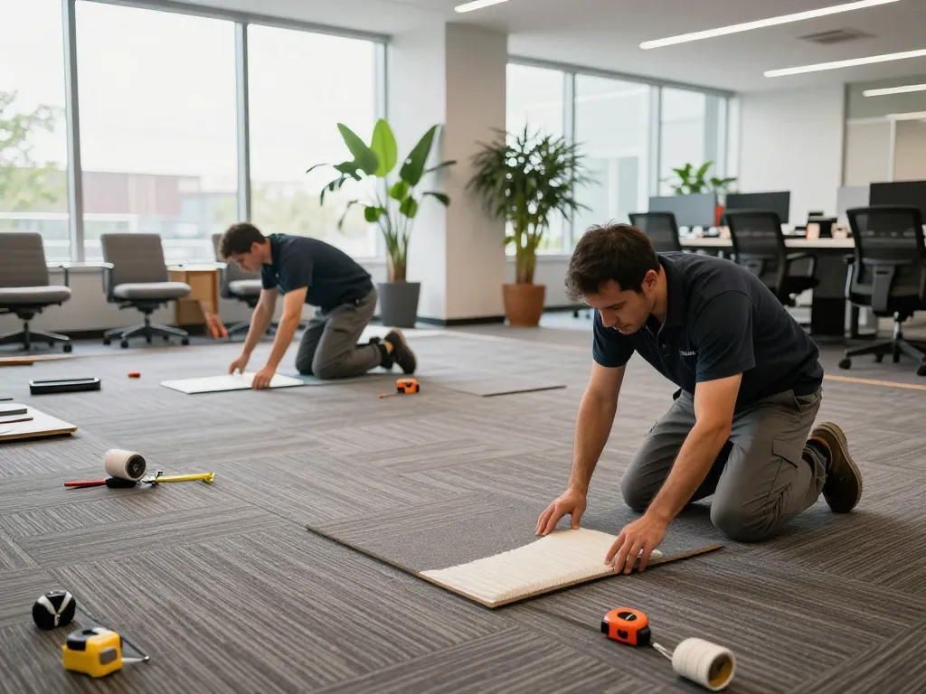Commercial carpet installation by professionals in a modern office setting with tools and materials.