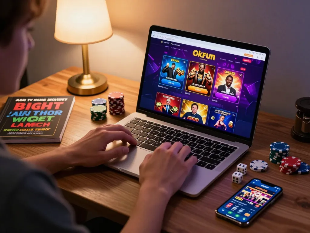 Engaged gamer enjoying Okfun online casino on laptop, surrounded by poker chips and strategy books.