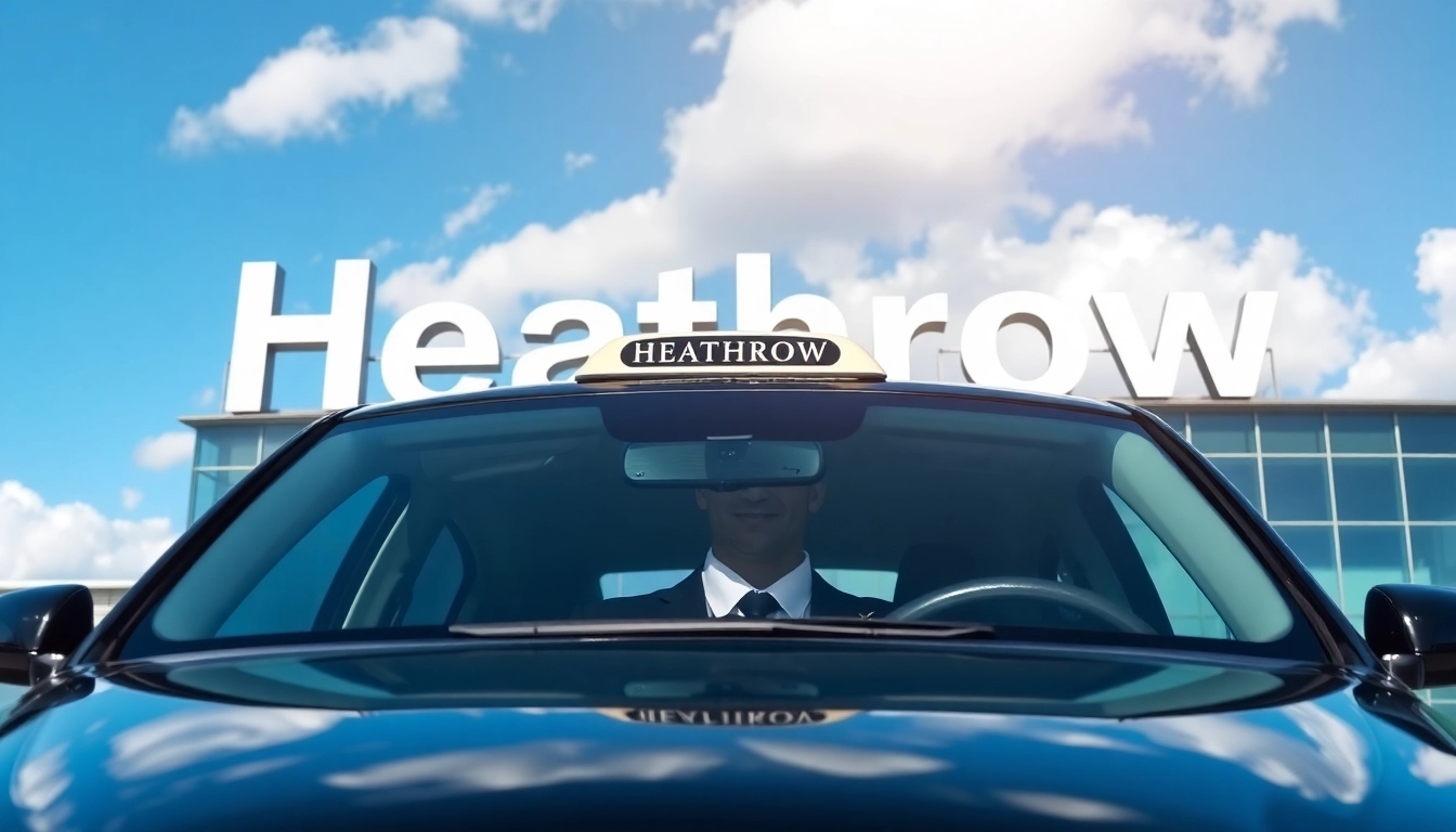Heathrow taxi driver preparing for passengers in front of the iconic airport signage.
