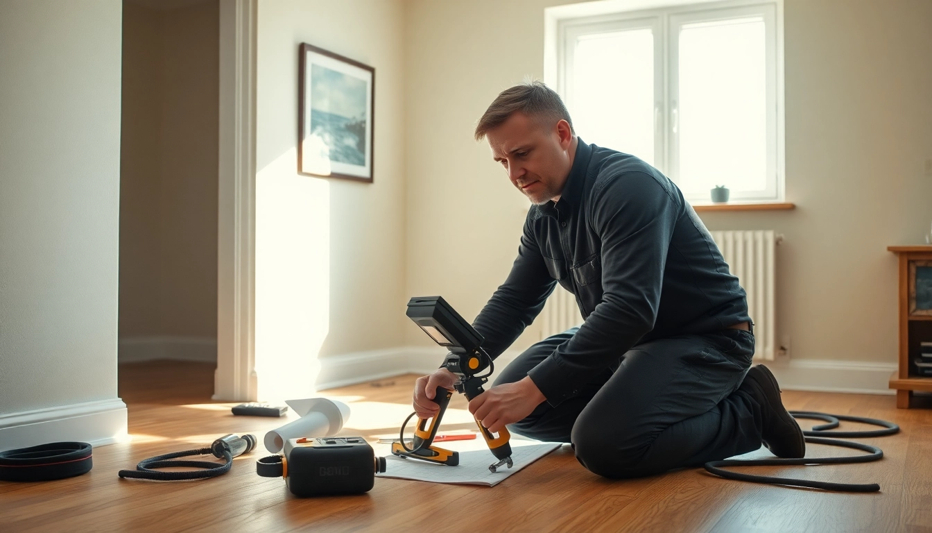 Ensuring precise Leak Detection Cornwall with a technician using advanced tools in a well-lit home setting.
