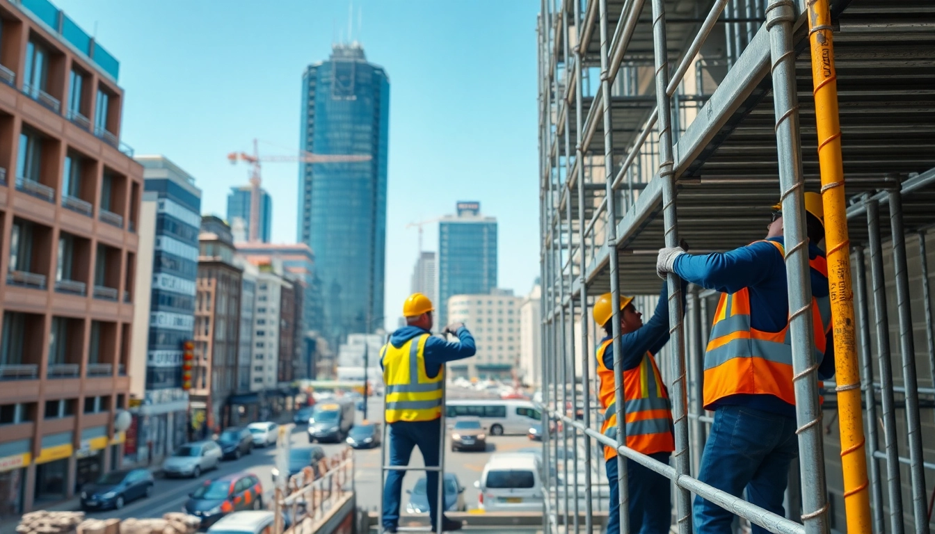 Skilled scaffolders in Bolton expertly assembling scaffolding on an active construction site.