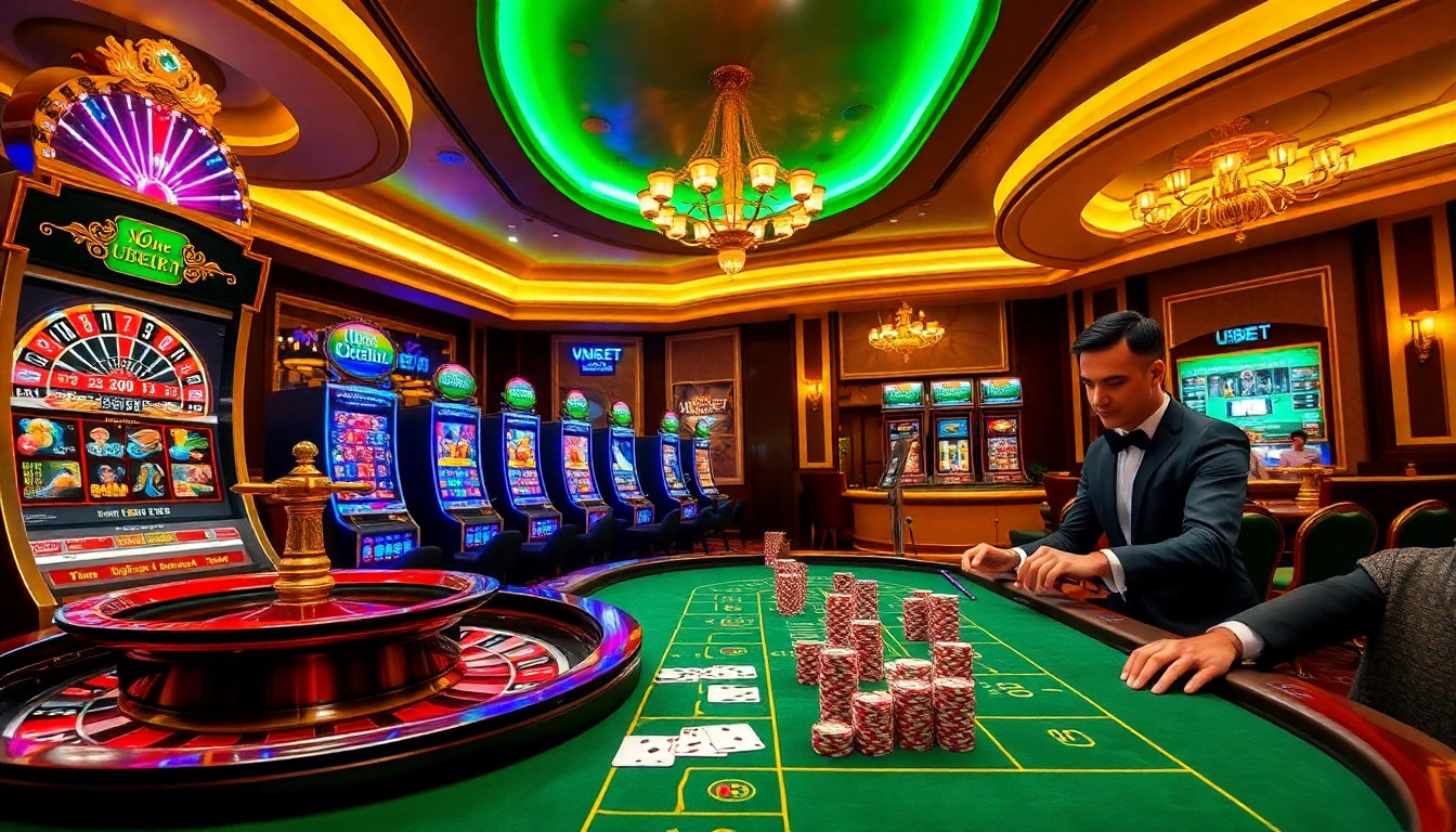 Experience the excitement of nhà cái usbet with a luxurious casino scene featuring roulette, slots, and poker.
