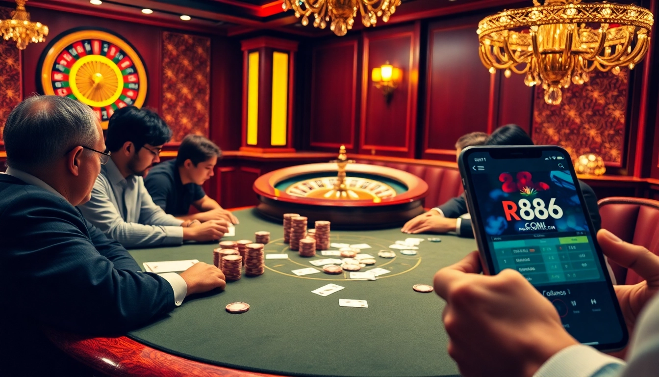 Excited players strategizing at a poker table featuring rr88 com mobile interface.