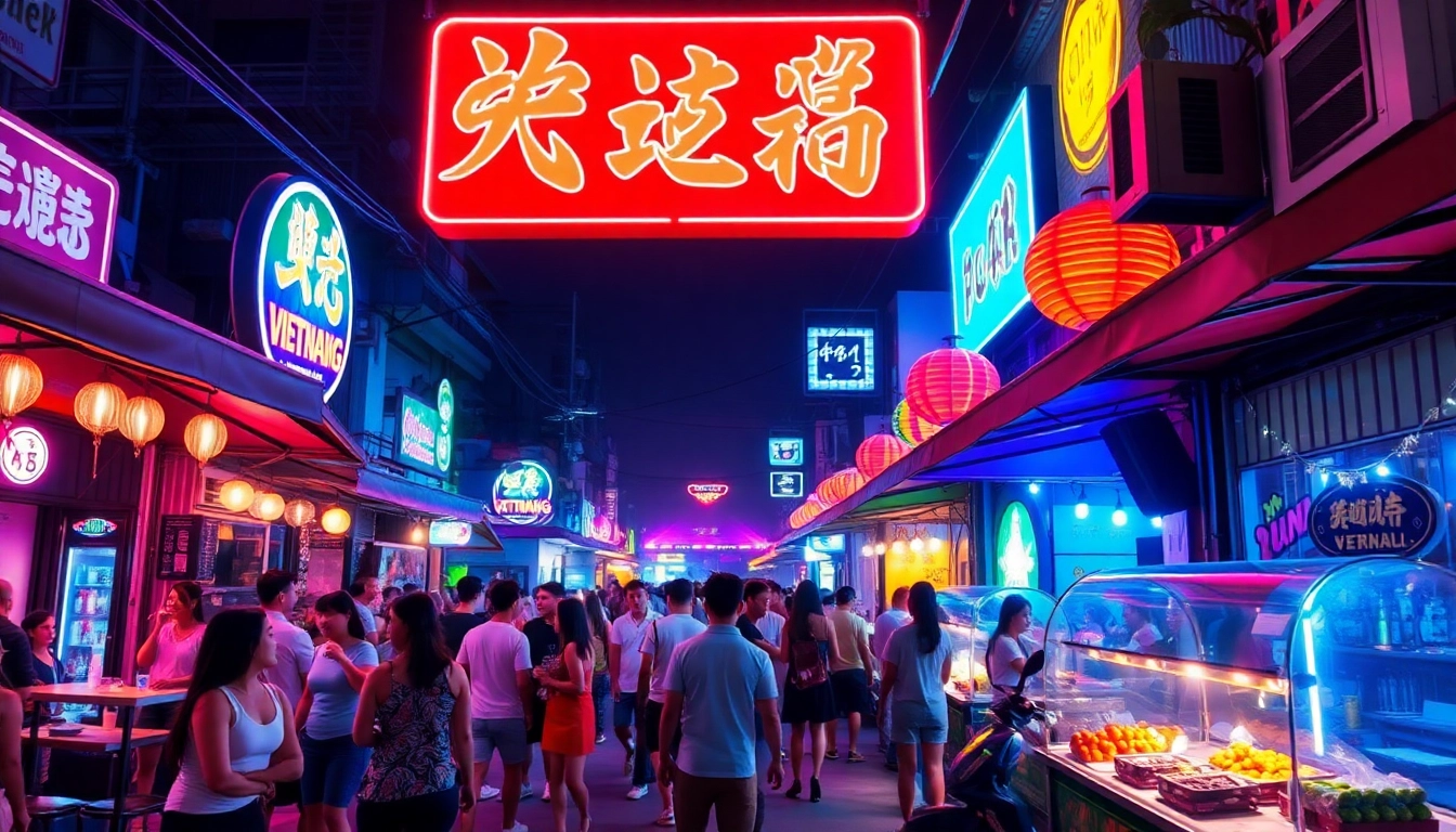 Engaging nightlife scene in Da Nang, showcasing 다낭밤문화 with vibrant colors and lively atmosphere.