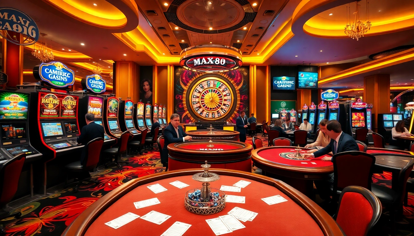 Charming scene of players enjoying games at max88 casino with vibrant slot machines and poker tables.