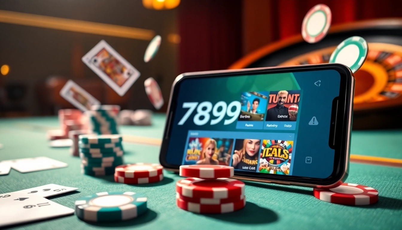 Exciting scene featuring the 789win app on a smartphone with casino elements like poker chips and roulette wheel.