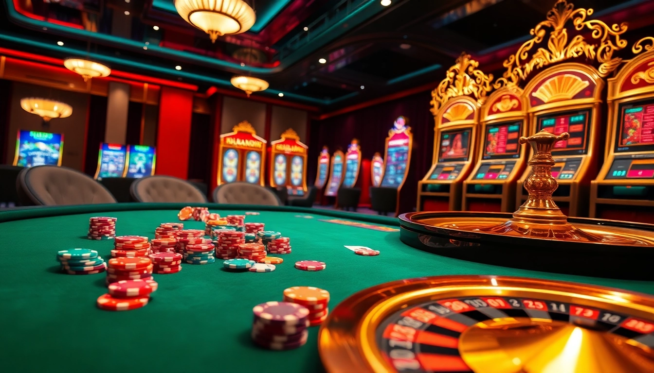 Experience the thrill of RAJABARONG at a glamorous casino with vibrant poker chips and spinning roulette.