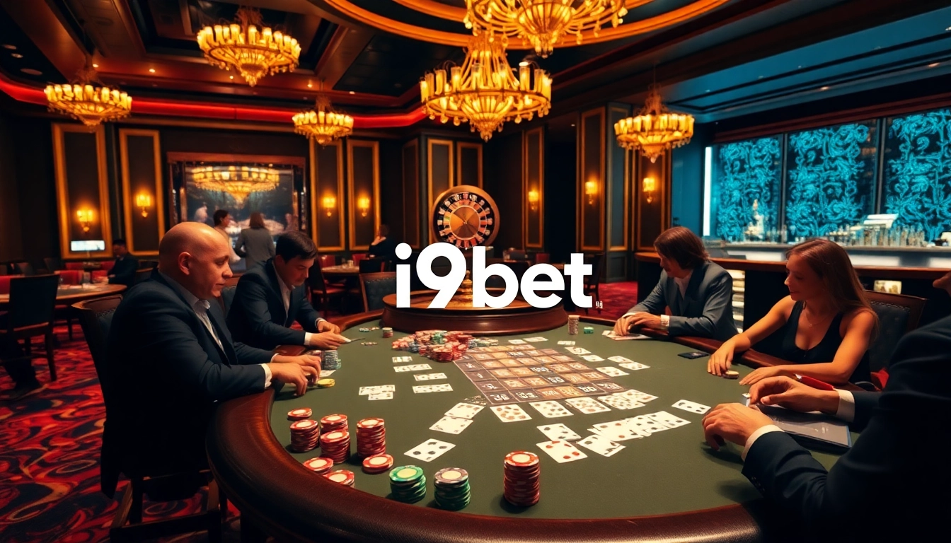Engaged players at a luxurious poker table in a casino ambiance featuring i9bet branding.
