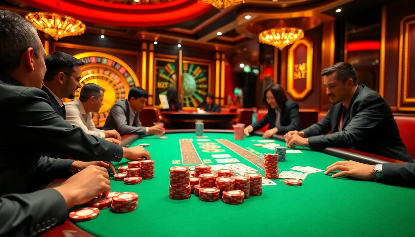 Engage in thrilling gameplay at RAJABARONG casino, showcasing colorful poker chips and intense poker action.